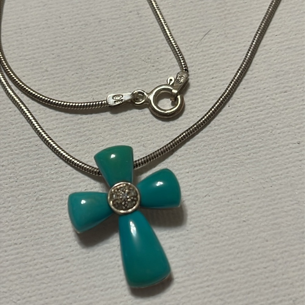 Sterling Silver 925 Turquoise Cross Necklace size 18’ chain - Picture 11 of 17